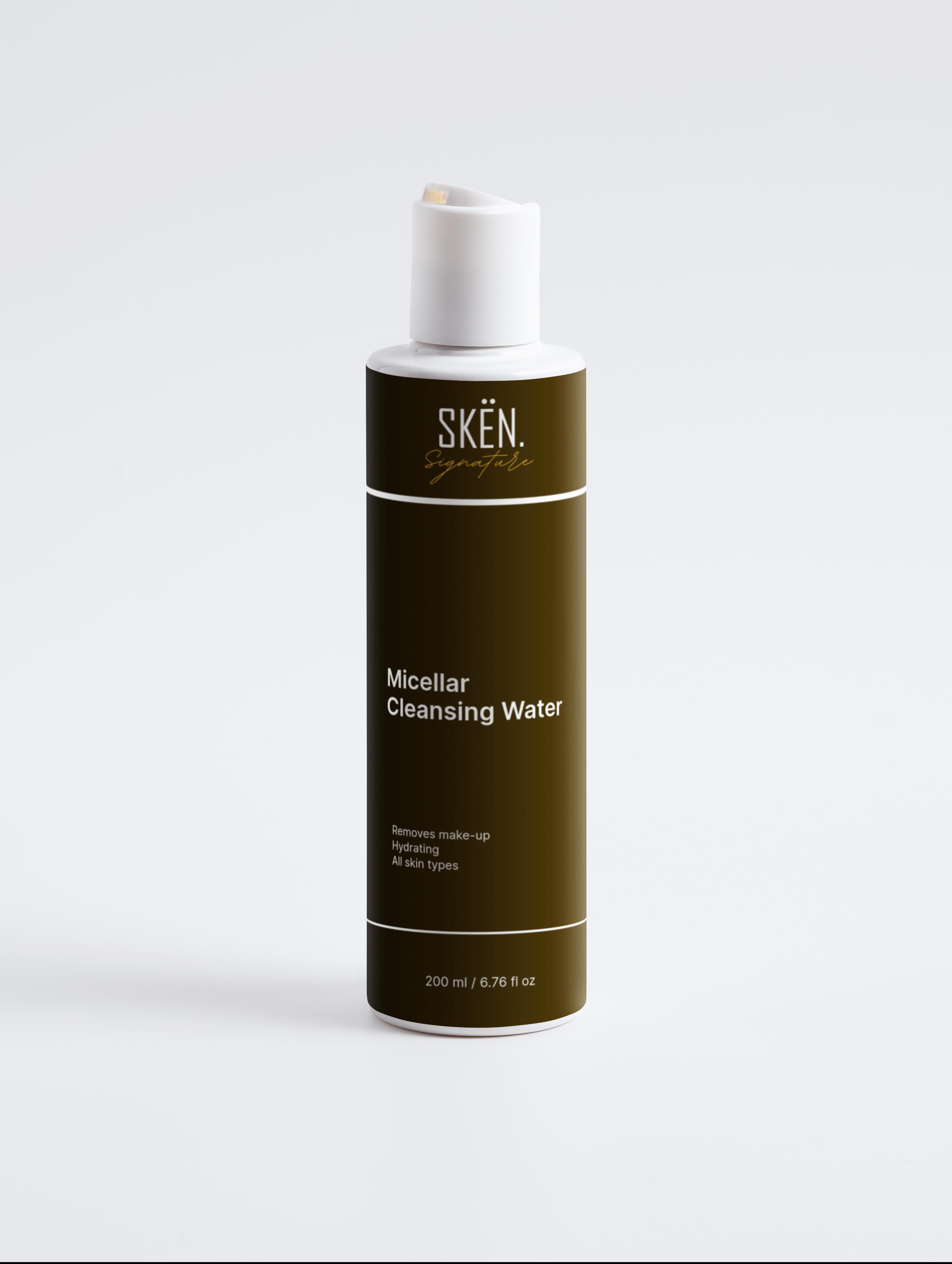 Skén Micellar Cleansing Water bottle on a light gray background